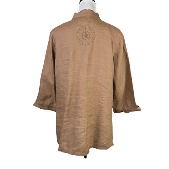 EColOGie Brown 100% Linen Embroidered Medallion Pattern Button Up 3/4 Sleeve Top - Picture 6 of 11
